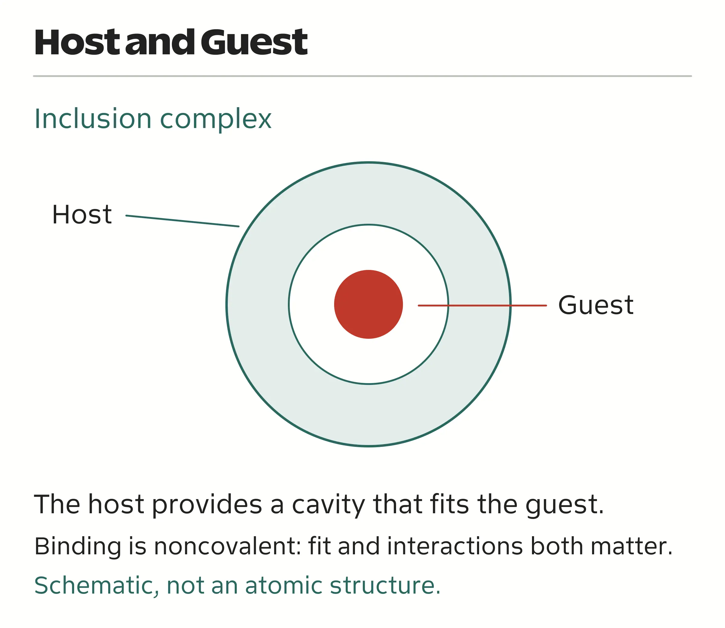 Schematic host cavity surrounding a guest molecule, with labels identifying the host and guest.