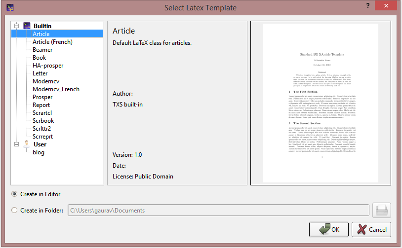 Template Wizard in TeXStudio