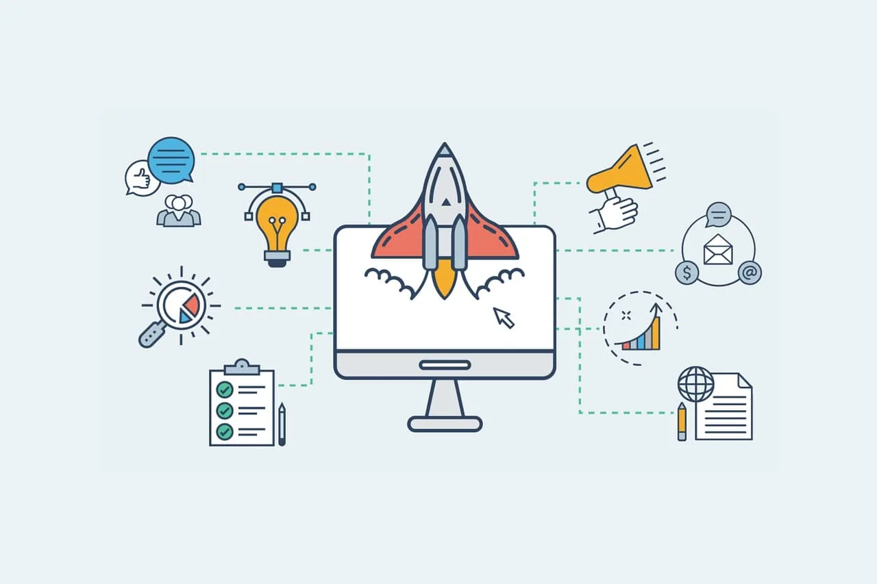 Benefits of SaaS shown through website, marketing, and cloud technology