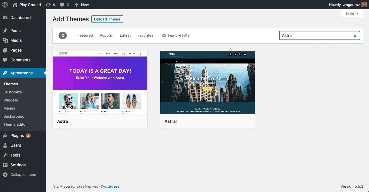 Installing a WordPress theme from the Appearance panel showing theme search and activation options