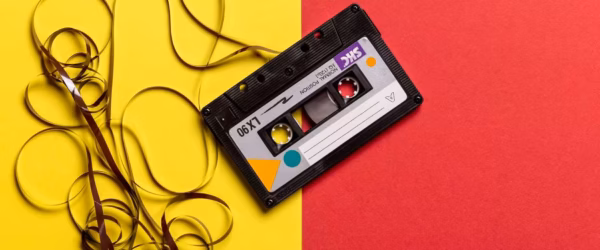 black cassette tape on top of red and yellow surface