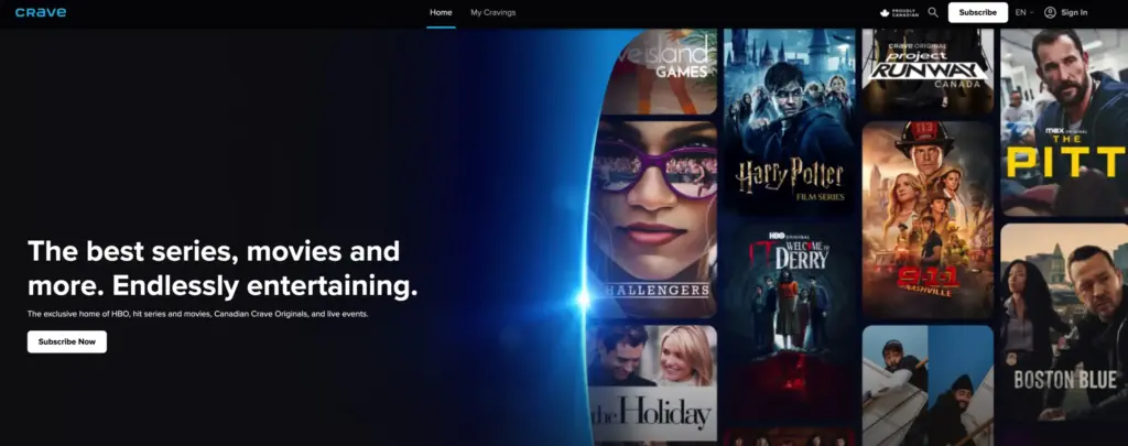 Crave streaming service homepage for watching HBO and STARZ movies and TV shows online