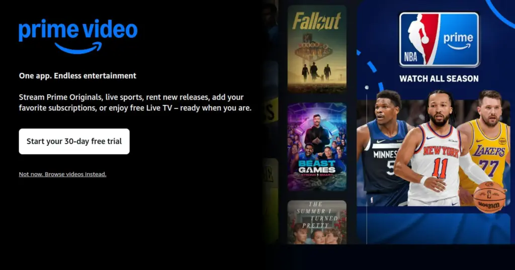 Amazon Prime Video streaming homepage with Fallout, Beast Games, and NBA content