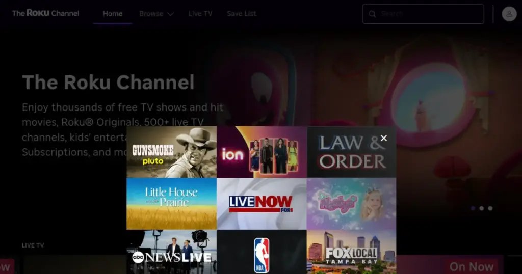 The Roku Channel homepage with free movies, TV shows, and live TV channels