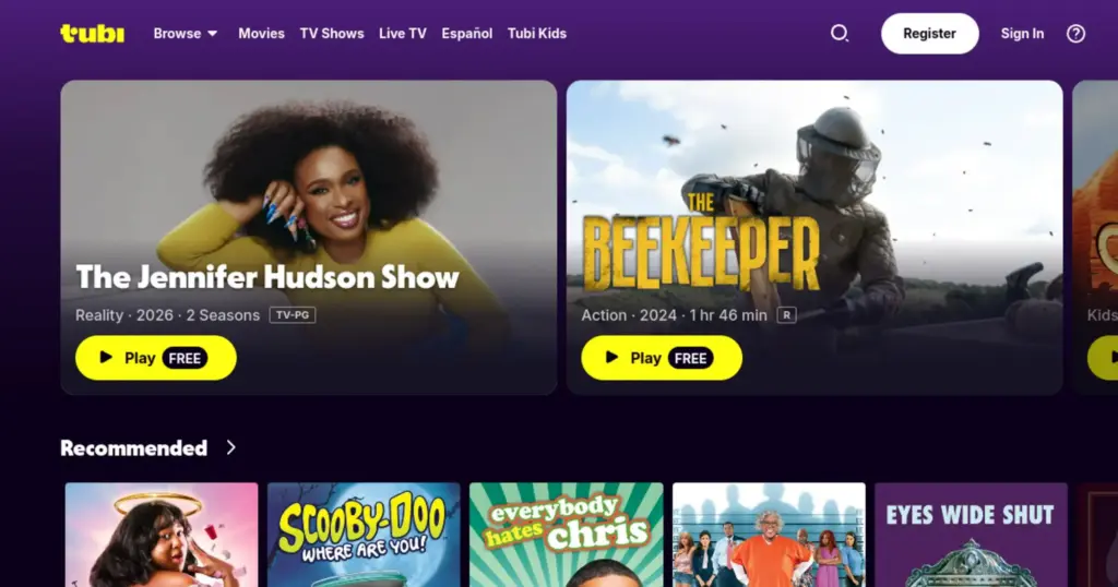 Tubi free streaming homepage featuring The Jennifer Hudson Show and The Beekeeper
