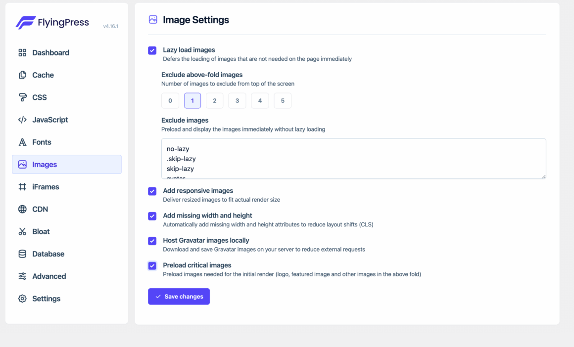 FlyingPress image lazy loading and responsive image settings for optimized LCP