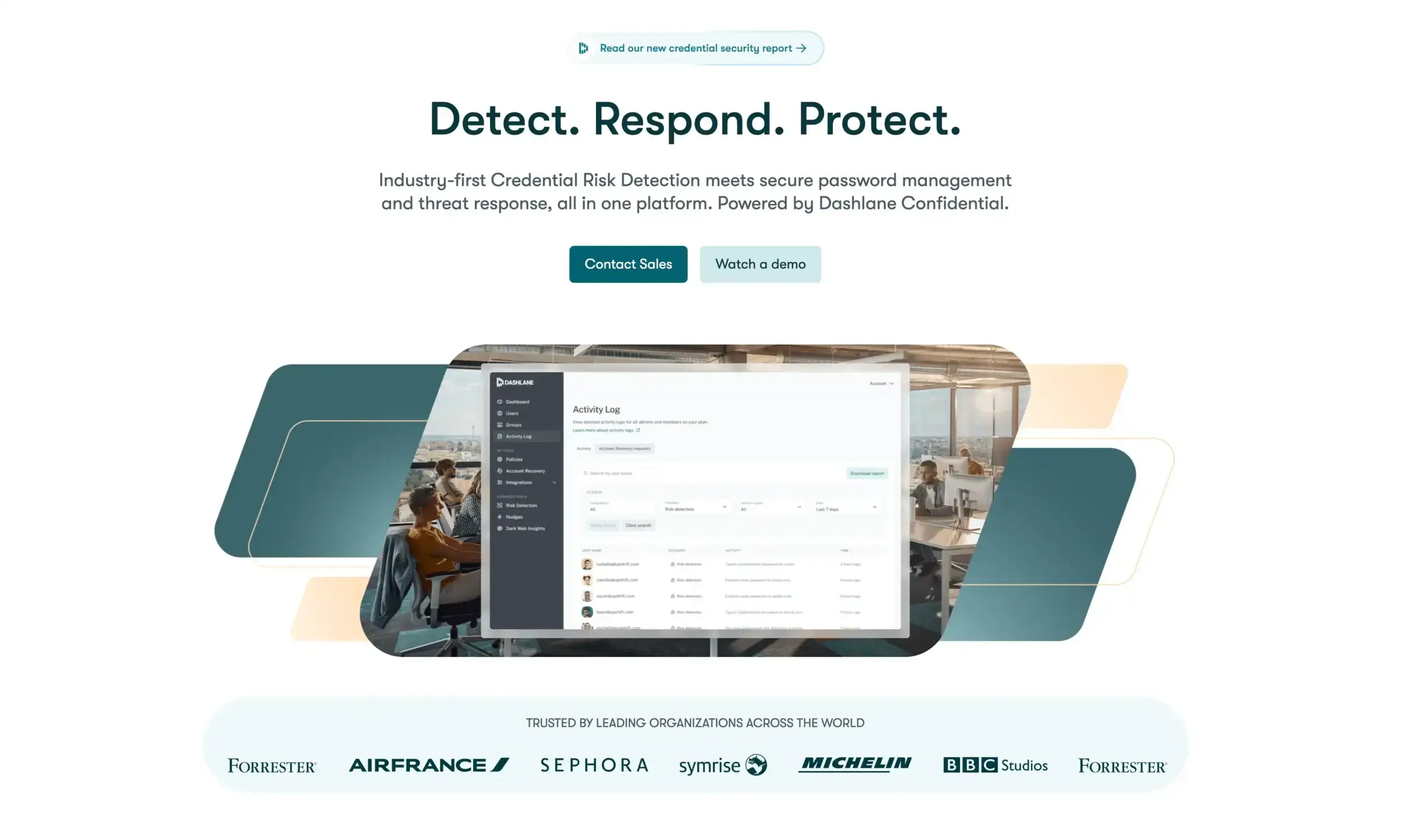 Dashlane password manager homepage — VPN, dark-web monitor, and password health dashboard included with paid plans