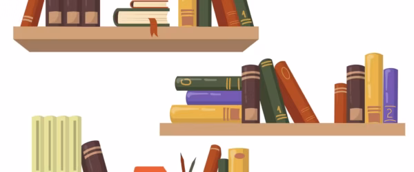 Three wooden bookshelves with various books