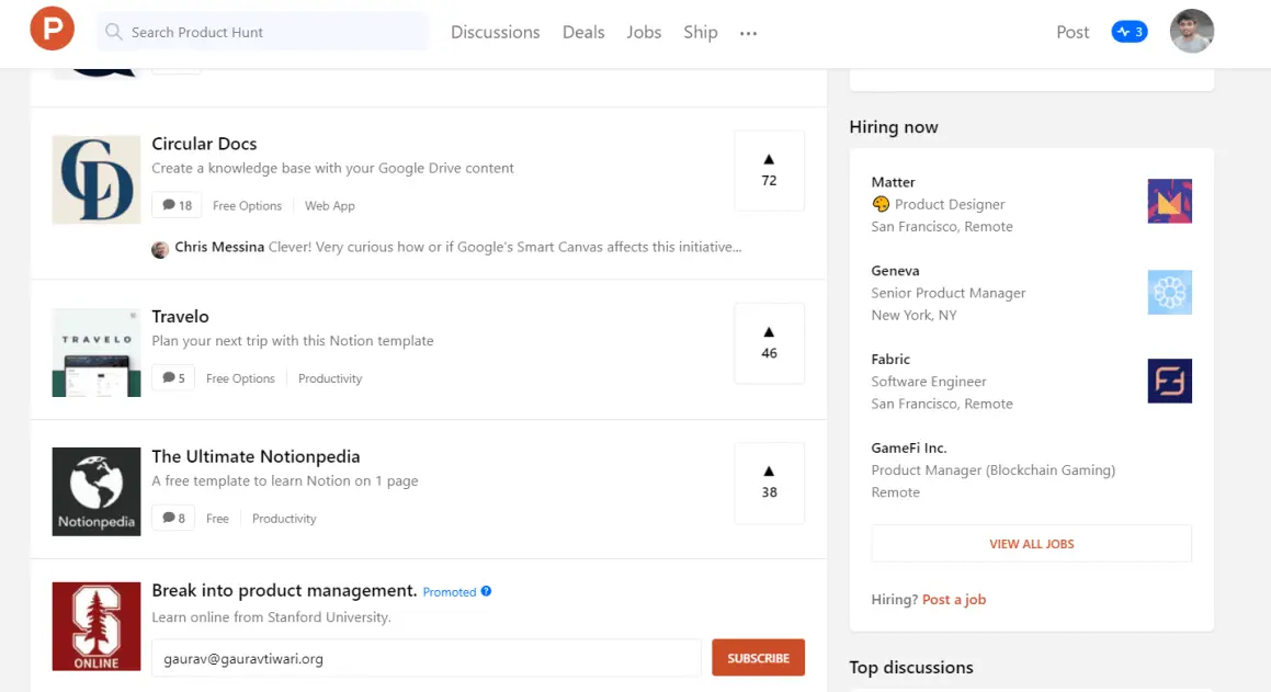 Product Hunt  Hiring Now Section for web developer jobs and others