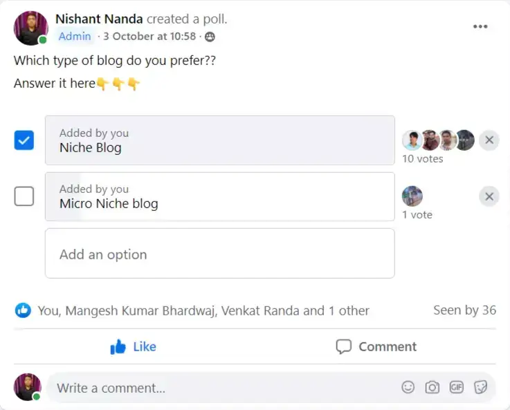 Niche blog vs micro niche blog facebook group poll