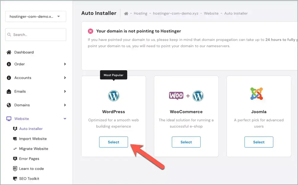 Select WordPress Hostinger