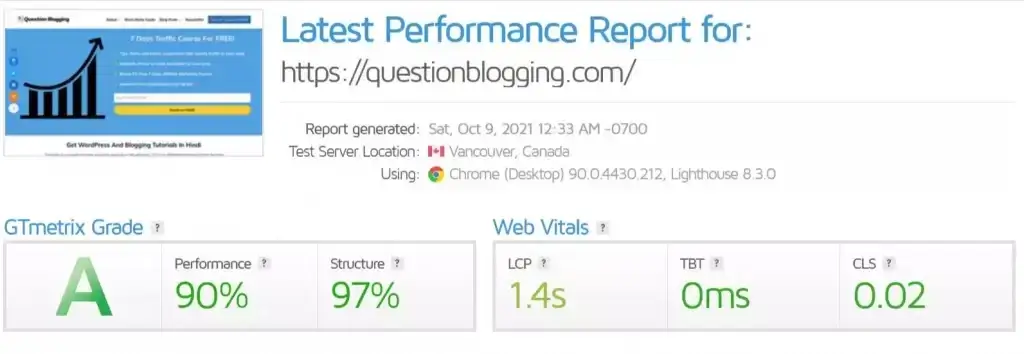 gtmetrix of questionblogging 1024x354 1