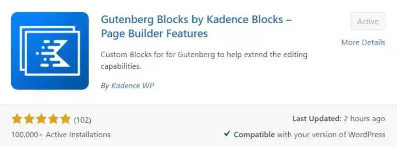 kadence blocks plugin