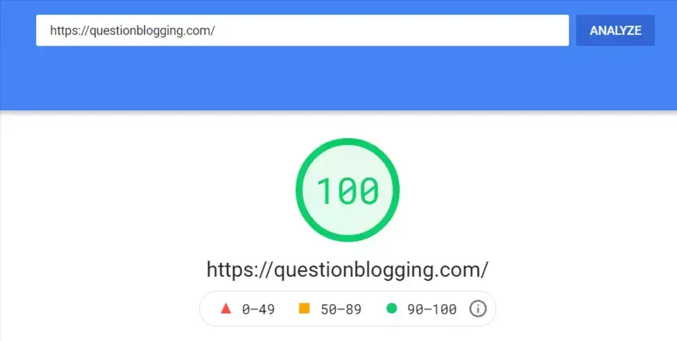 page speed insights score of question blogging
