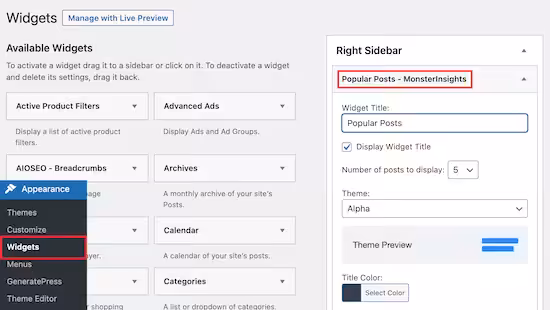 add monsterinsights popular posts widget sidebar 1