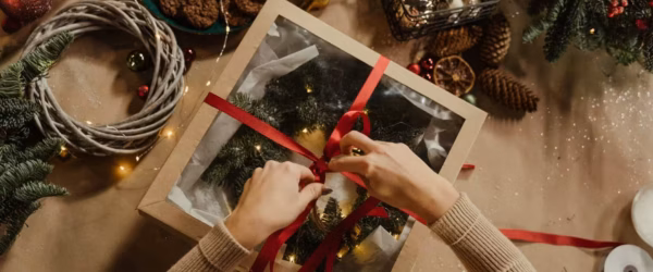 red and white ribbon on white box
