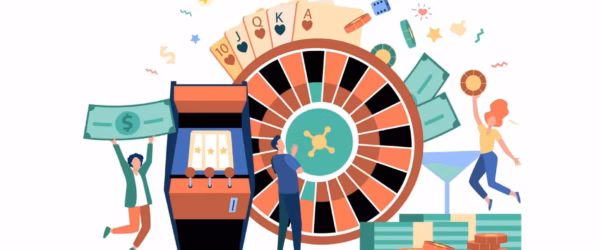 People playing poker and winning money. Gamblers with roulette, slot machine, and chips. Vector illustration for online casino, poker club, blackjack, gambling concepts