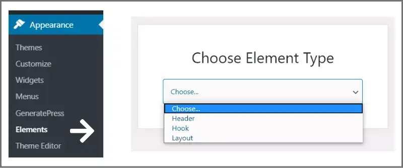GeneratePress Elements module showing Header, Hook, and Layout element types