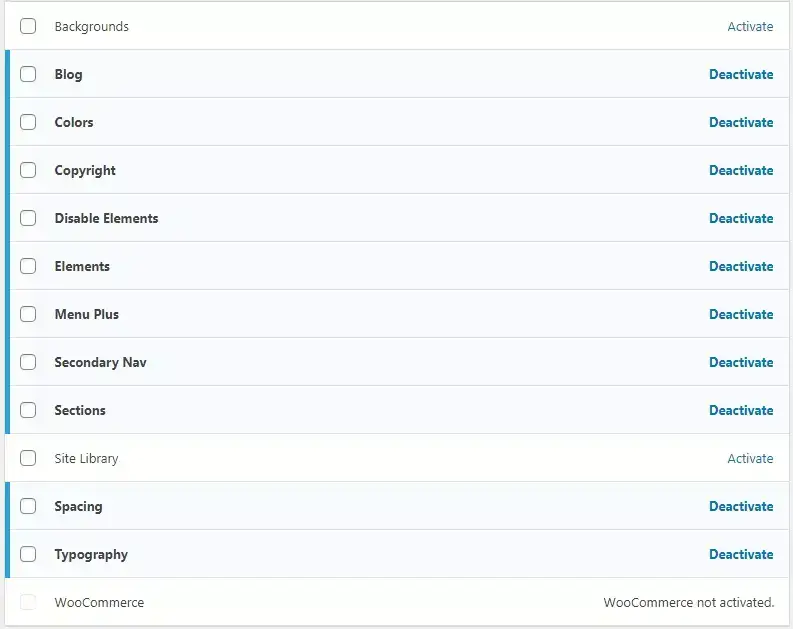 GeneratePress Premium modules panel showing all available modules including Colors, Typography, Elements, Menu Plus, Spacing, and WooCommerce