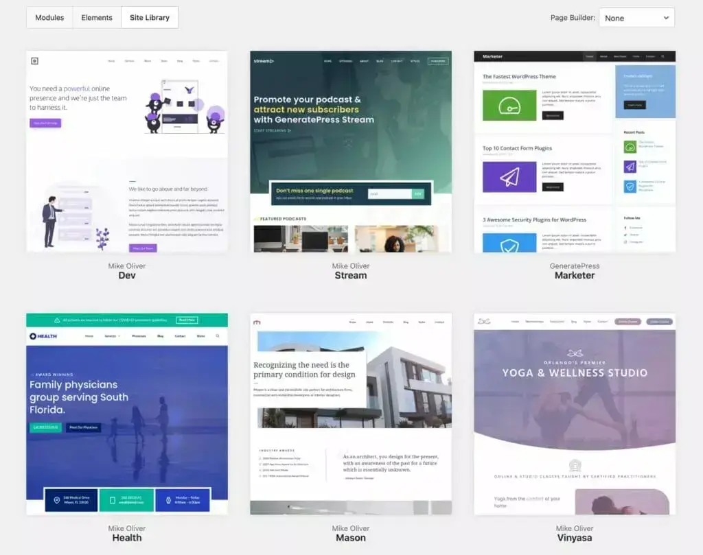 GeneratePress Site Library showing pre-built website templates including Dev, Stream, Marketer, Health, Mason, and Vinyasa designs