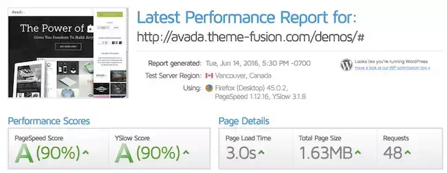 Avada wordpress theme speed test 1