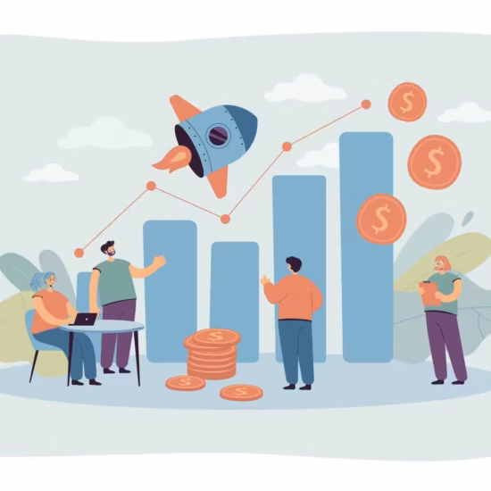 Tiny sales managers looking at growth chart flat vector illustration. Cartoon creative employees launching sales promotion or startup. Business and finance operations concept