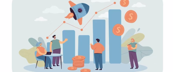 Tiny sales managers looking at growth chart flat vector illustration. Cartoon creative employees launching sales promotion or startup. Business and finance operations concept
