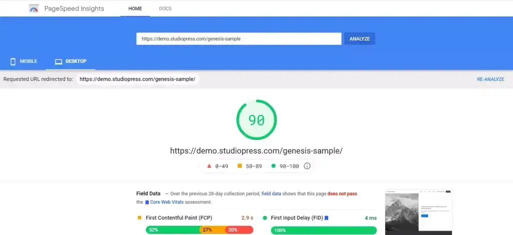 genesis page speed insights score 1024x470 1