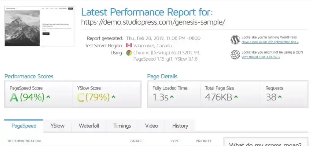 genesis sample child theme gtmetrix speed report 1024x479 1