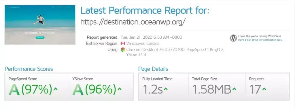 ocean wp gtmetrix score 1