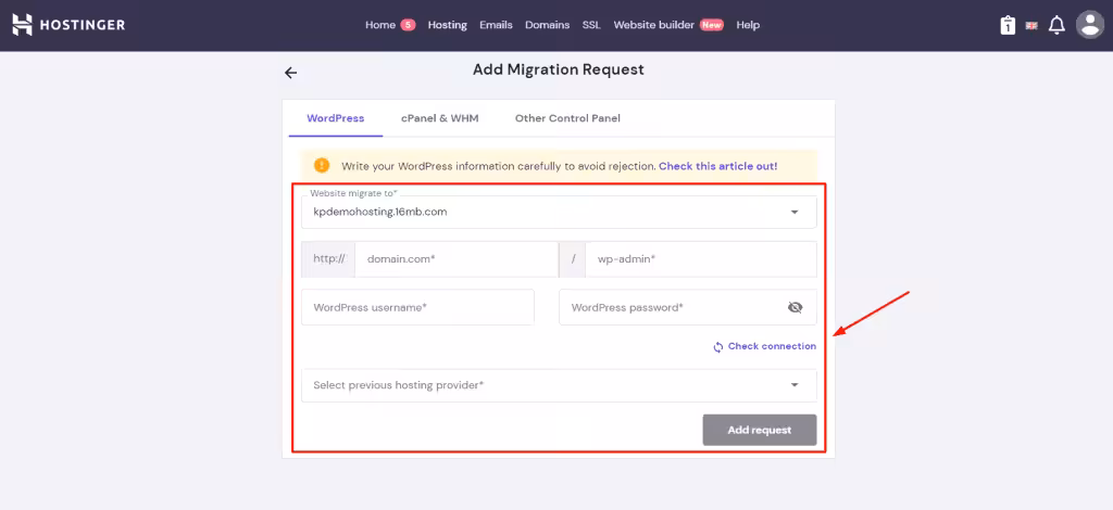 How to add migration request in hostinger hosting