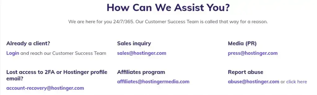 Hostinger support email addresses