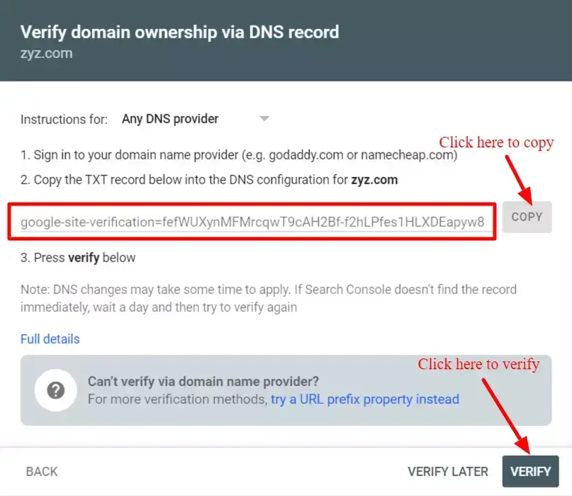 Verify domain ownership via DNS TXT record during Google Search Console setup