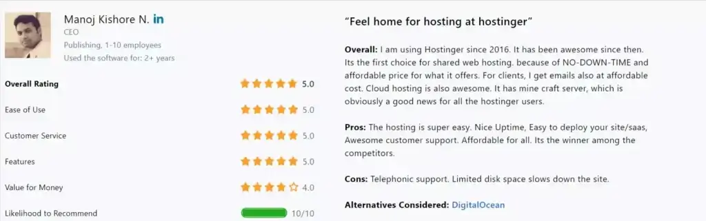 Hostinger Capterra review