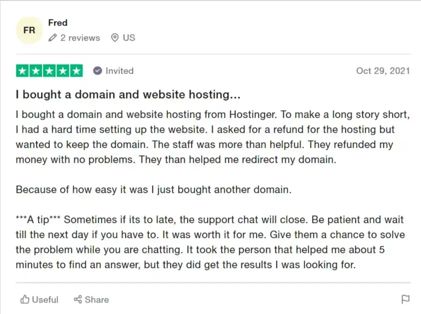 Hostinger Trustpilot review