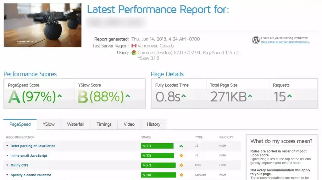 Hostinger GTmetrix test with caching