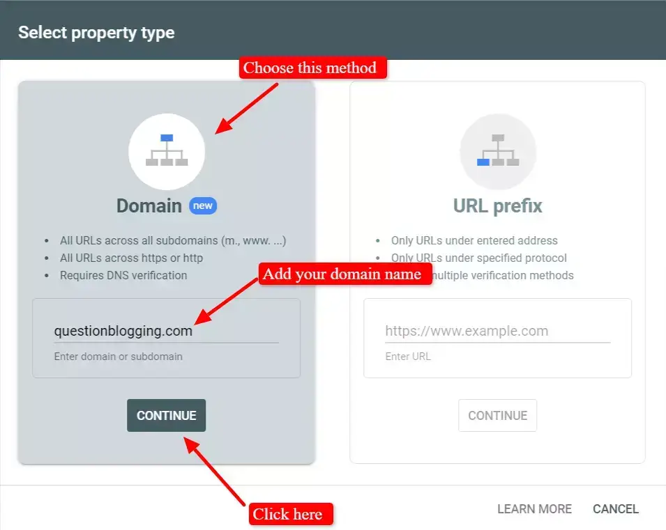 Select property type screen in Google Search Console setup: Domain versus URL prefix