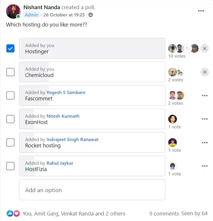 Facebook poll results Hostinger vs Chemicloud