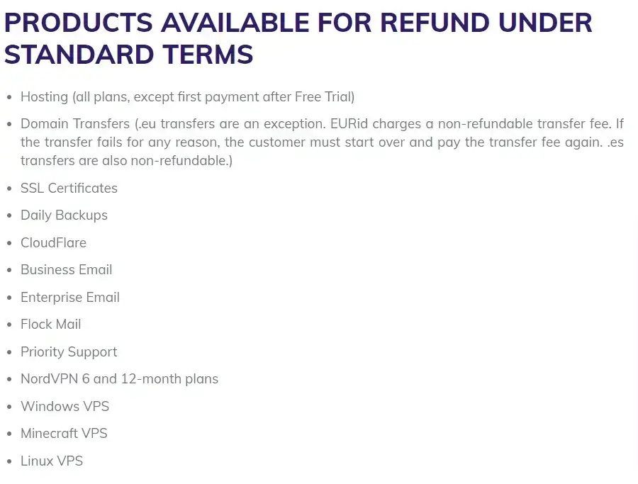Hostinger refundable products list