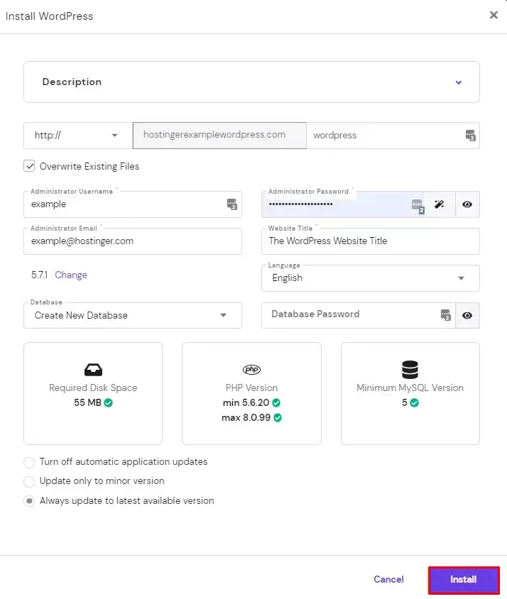 WordPress setup details on Hostinger