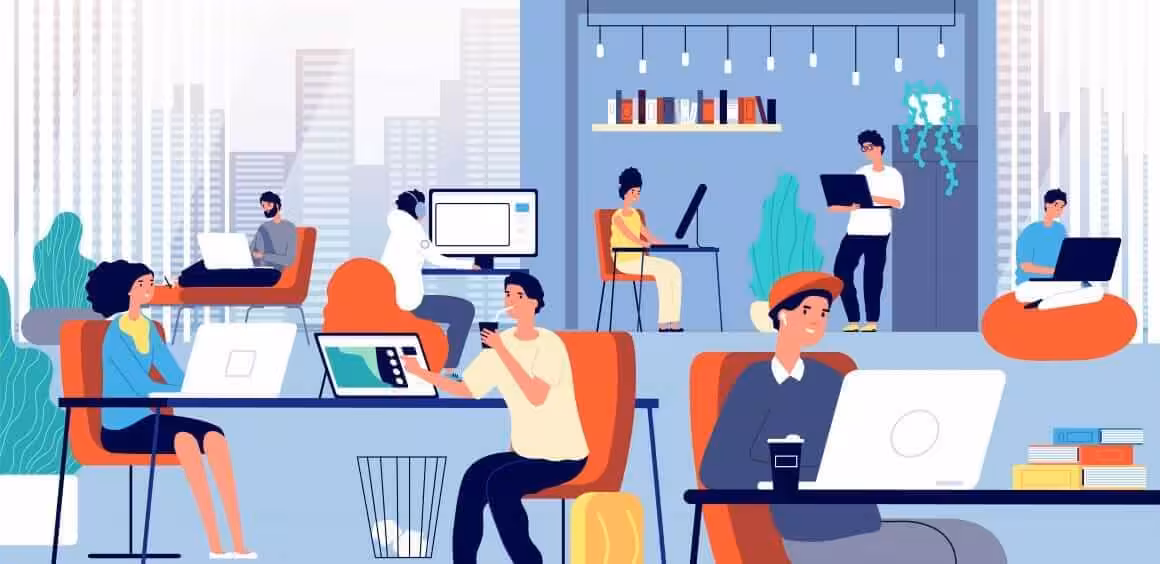 Coworking space. Smart corporate company. Meeting smiling creative people. Freelance coworkers, young businessman team vector illustration. Business people company, office coworking, freelance