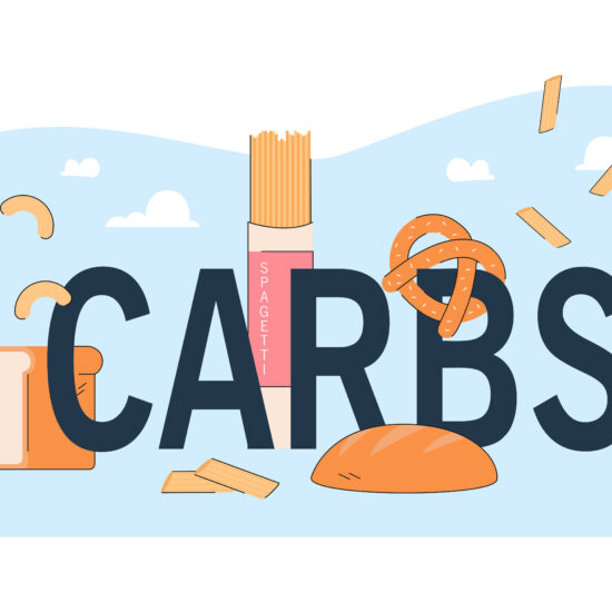 Tiny people with wheat food and carbs title