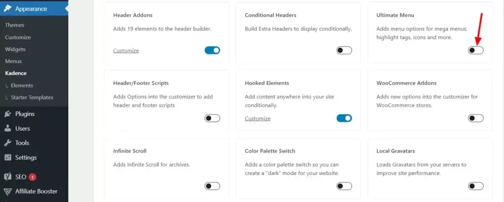 Kadence Mega Menu Options