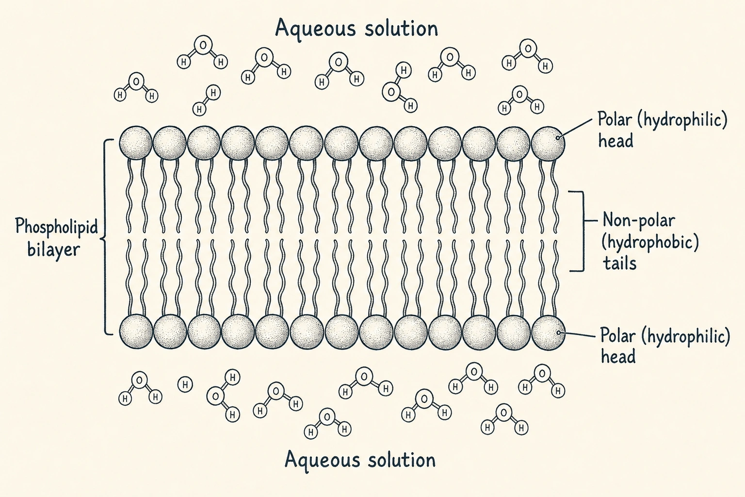 Phospholipid bilayer diagram showing hydrophilic phosphate heads facing the aqueous solution and hydrophobic fatty acid tails facing inward, the structural basis of cell membranes