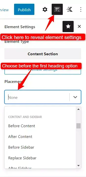 placement settings in Kadence element 1