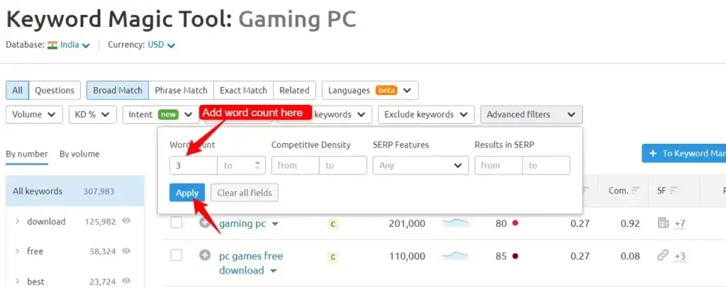 Word count filter Semrush keyword magic tool