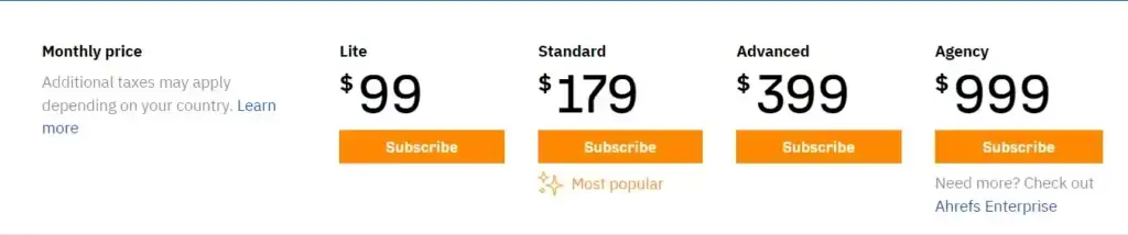 Monthly pricing of Ahrefs tool