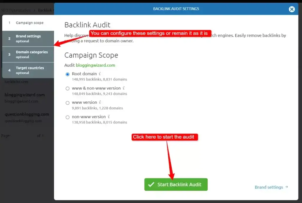 Backlink audit tool settings