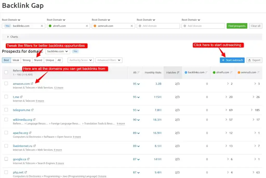 Backlink gap tool dashboard