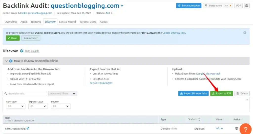 Disavow list txt file Semrush